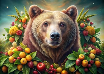 Fototapeta premium Abundant Harvest: A Portrait of a Bear with Fruit Logo Design