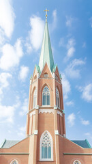 Stunning church tower with green spire and intricate architecture against blue sky. brick structure showcases beautiful windows and cross at top, evoking sense of peace