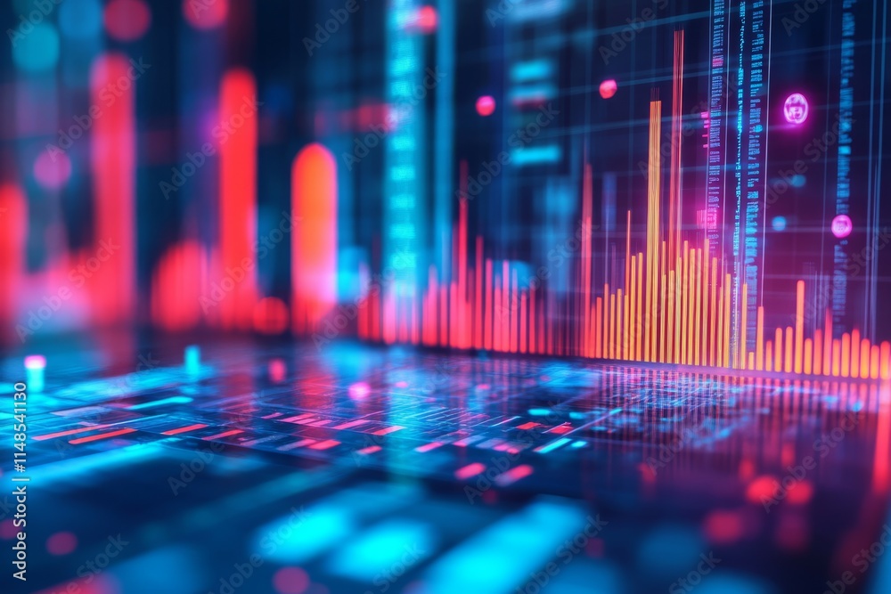 Poster a vibrant and colorful digital representation of various data trends using striking neon colors and 