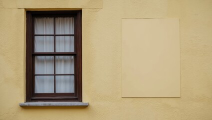 Antique brown window on pale yellow wall