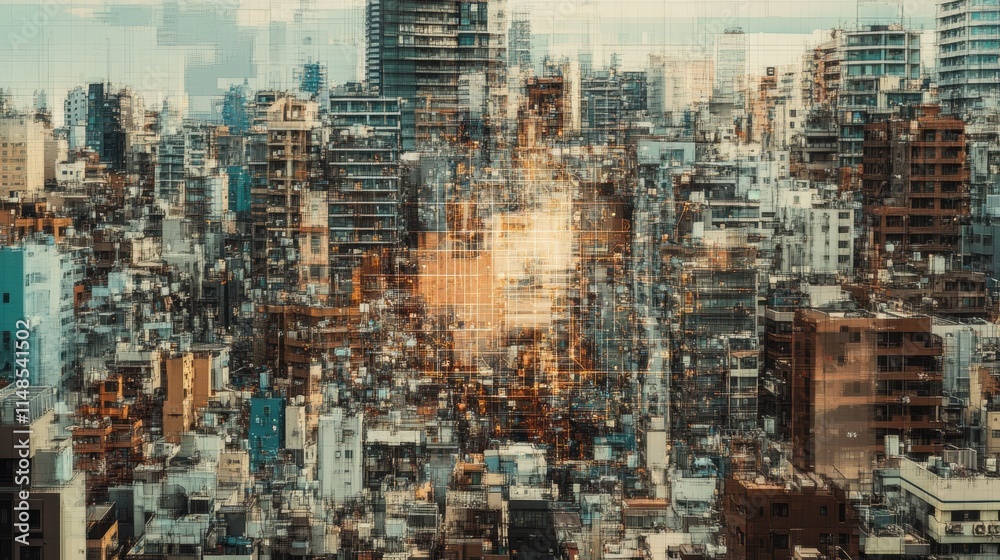 Poster cityscape overlaid with neural network illustrates ai integration in modern urban life. generative a