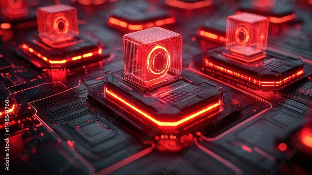 Poster red glowing cubes with circular symbol on futuristic circuit board.