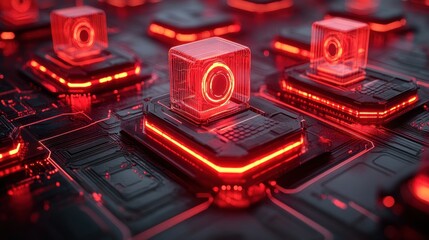Red glowing cubes with circular symbol on futuristic circuit board.