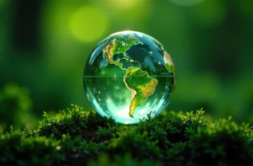 Glass model of the planet Earth, plants, forest, greenery, ecology