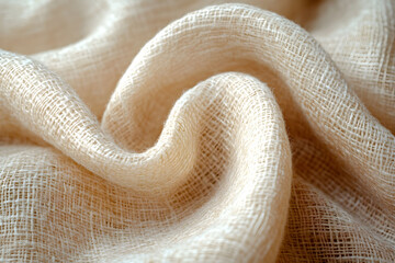Fototapeta premium Soft beige linen fabric draping gracefully under natural light showcasing texture and weave details. Neutral background.