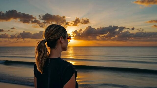 a woman looking at the sunset beach. seen from behind the woman