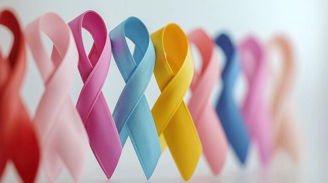 Colorful ribbons symbolize cancer awareness. Different colors represent various types of cancer. Soft-focus background highlights ribbons. Row of ribbons creates impactful visual. Awareness campaign