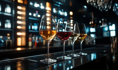 A bar scene featuring four glasses of different wines on a sleek counter.