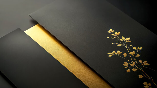 Elegant black and gold invitation card showing golden floral decoration