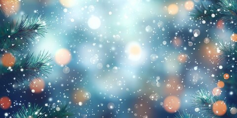 Fototapeta premium A captivating winter scene banner that showcases a beautifully crafted tree adorned with enchanting bokeh lights and shimmering glowing ornaments, all contributing to a cozy and festive atmosphere