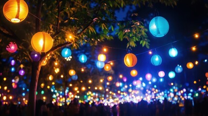 Colorful lanterns illuminate a festive outdoor gathering at night.