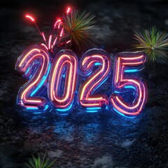 Colorful neon 2025 sign with sparks for celebrations.