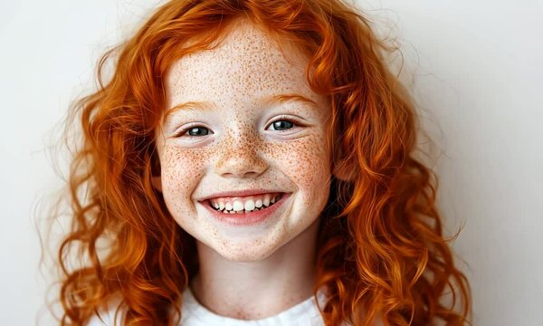 A cheerful red-haired child with a big smile, standing against a clean white background. The child is dressed in casual clothing, radiating happiness and energy