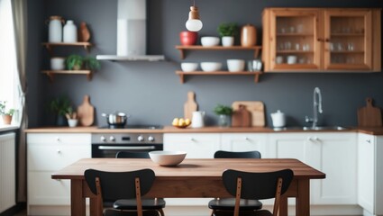 Blurred kitchen interior with wooden desk background