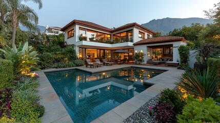 Modern luxury home with pool and landscaping at dusk.