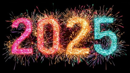 2025 rainbow fireworks concept. Colorful fireworks display forming the year 2025 on a black background.