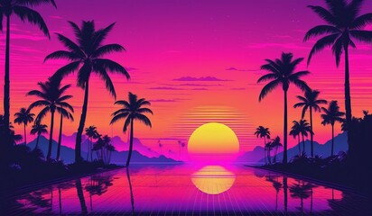 retrowave sunset background with lake, mountains and palm trees	