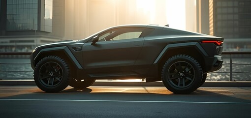 Sports car with open doors standing confidently against urban skyline 