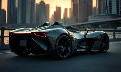 Sports car with open doors standing confidently against urban skyline 