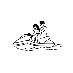 a black and white line drawing of a man and a woman riding on a jet ski