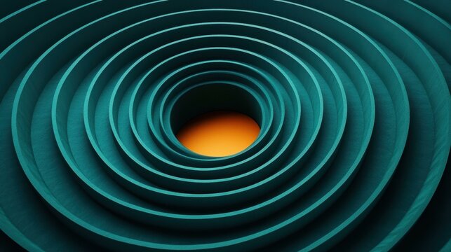 Abstract teal circular layers spiraling inward with orange center glowing, modern design background for technology, innovation, or futuristic themes with dynamic depth and vibrant contrast imagery