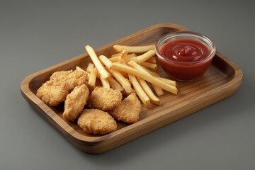Naklejka premium Chicken Nuggets and Fries on Wooden Tray: A mouthwatering closeup of golden-brown chicken nuggets and crispy fries on a rustic wooden tray, served with a side of ketchup.