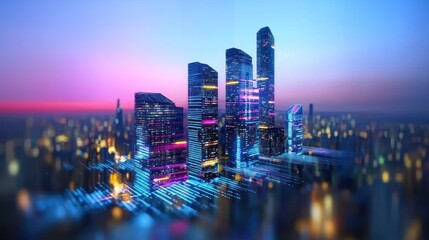 Naklejka premium Futuristic skyscrapers illuminated at dusk urban setting digital art nighttime aerial view modern architecture