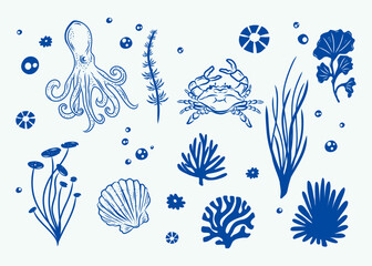 Marine life blue illustration pattern vector coral, crab, scallop, octopus, deep sea background layout silhouette printable © Luqman