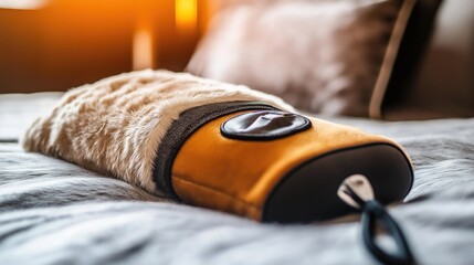 Hot water bottle resting on a cozy bed, providing warmth and comfort during cold nights. Embracing the simple pleasures of home and relaxation.