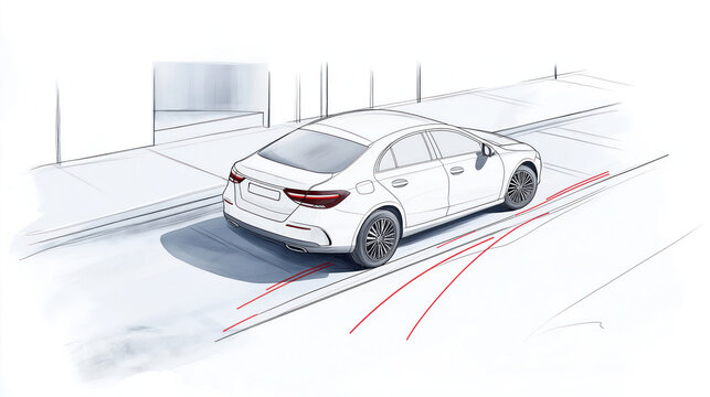 Illustration shows car parking assist system. White car parallel parking near curb. Sensors show car path. Smart system helps vehicle park safely. Modern tech auto future. Safe parking solution.