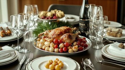 Roasted chicken dinner with wine, grapes, potatoes, and appetizers on a formal table setting.