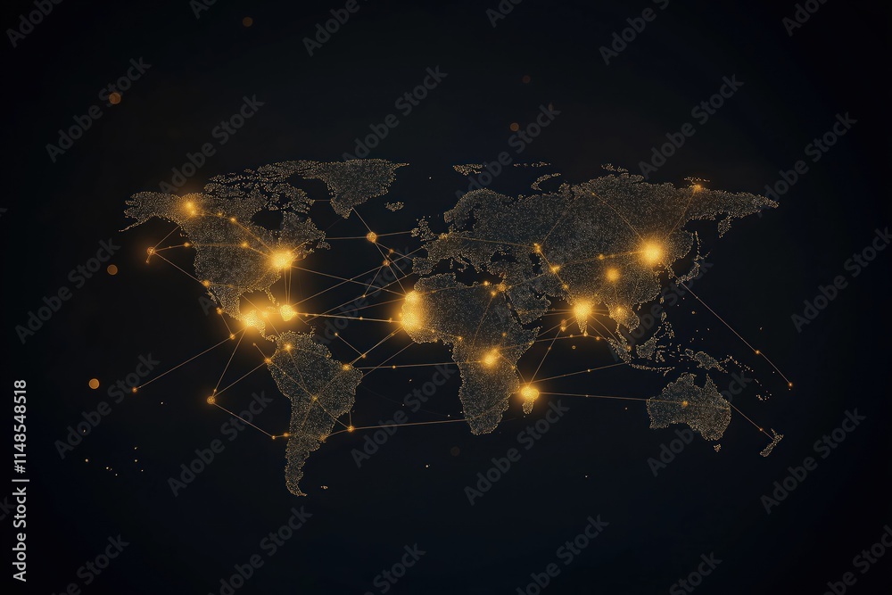 Poster global network map visualization. bright glowing digital graphic shows global connectivity. golden l
