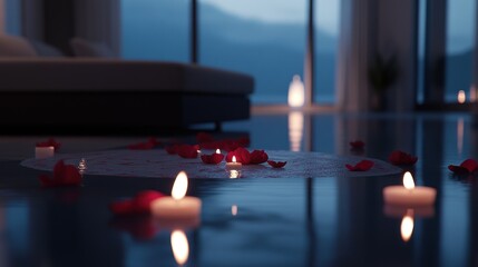 Romantic bedroom with candles and rose petals on a reflective floor at night.