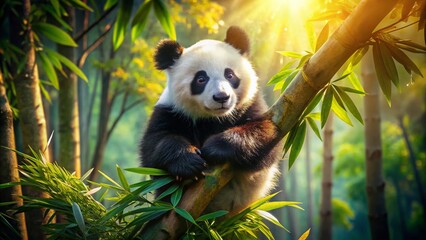 Obraz premium Adorable Chengdu Panda Cub Playing in Bamboo Tree - Cute Giant Panda Baby Photo - China Wildlife