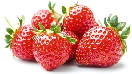Close-up of six ripe, red strawberries with green leaves, isolated on white background.