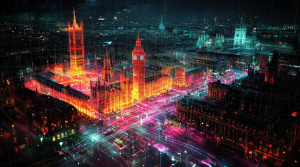 vibrant wireframe cityscape with neon lights and iconic architecture at night
