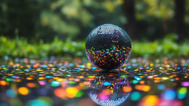 Black reflective glass sphere with colorful confetti pieces scattered around, creative abstract photography for decoration, celebration, vibrant bokeh background, outdoor setting daylight nature mood