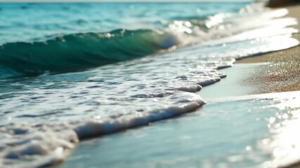 Soft waves roll gently onto a peaceful sandy beach as the sun sets, creating a tranquil atmosphere with the soothing sound of water. The sky is clear with vibrant hues.