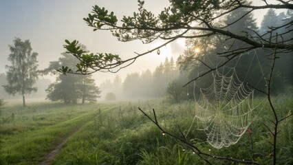 Misty morning in the forest, spider web in the dew