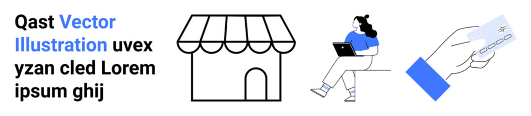 E-commerce store, woman working on laptop, hand holding credit card. Ideal for online shopping, business, finance, banking, digital transactions, customer interaction, landing page