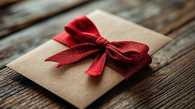 Close-up shot of a gift card with a red ribbon on a wooden table.