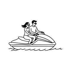 a black and white line drawing of a man and a woman riding on a jet ski