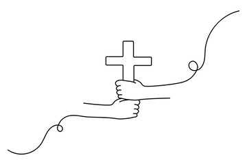 Hands in prayer in front of cross one line drawing of christian three outline vector icon