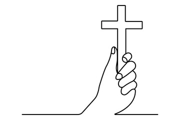 Hands in prayer in front of cross one line drawing of christian three outline vector icon