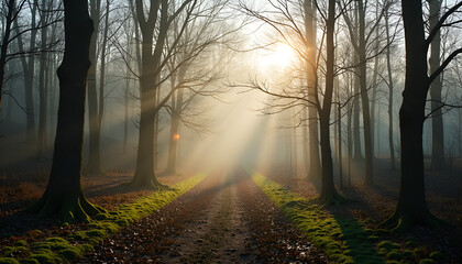 Misty forest path illuminated by soft sunlight filtering through trees at dawn, early spring prediction, Groundhog Day