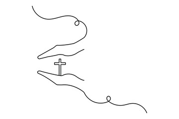 Hands in prayer in front of cross one line drawing of christian three outline vector icon