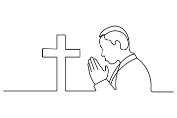 Hands in prayer in front of cross one line drawing of christian three outline vector icon