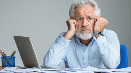 Worried senior man sitting at desk with paperwork and laptop.