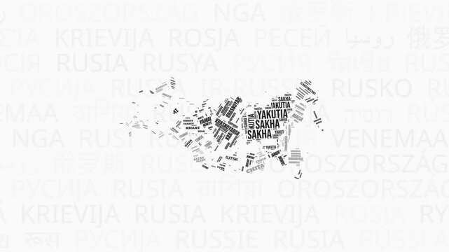 Russia intro animation. Country with regions illustration video. Background with country names in various languages. Regions of Russia animation. Elegant video.