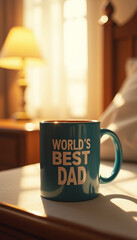 A blue coffee mug with the inscription "The best dad in the world" on the bedside table, near the bed, the bed, warm light is pouring from the window.